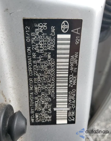 2012 Toyota Prius z USA, uszkodzony, nr VIN JTDKN3DU6C5387007